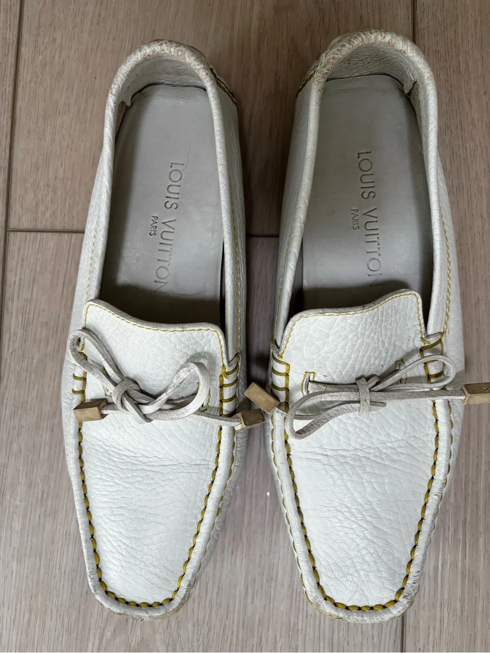 Louis Vuitton White Leather Moccasin Loafers with Subtle Yellow Stitching